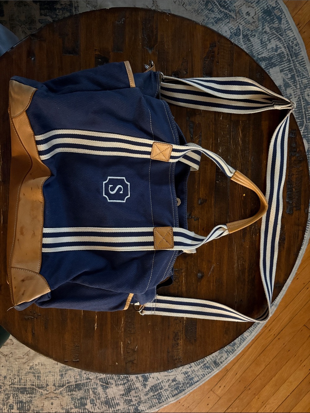 Pottery Barn Monogrammed Navy Canvas Travel Tote/Diaper Bag with Striped Straps